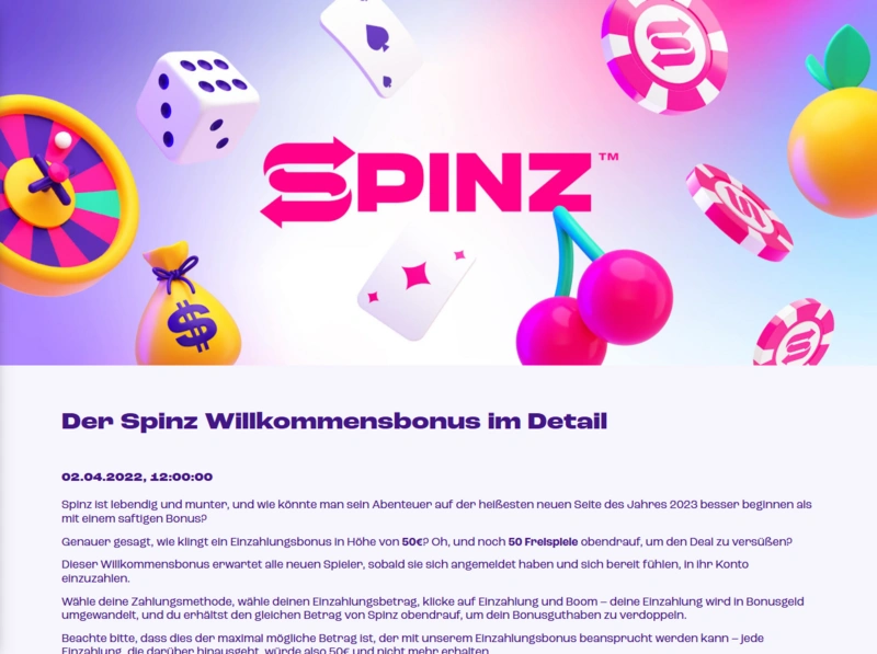spinz welcome bonus page